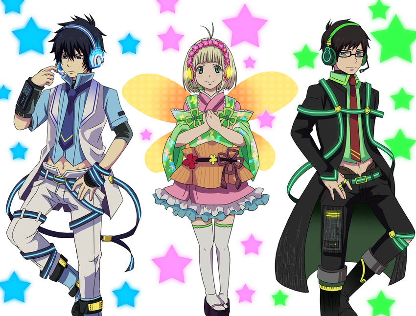 ao_no_exorcist headphones moriyama_shiemi okumura_rin okumura_yukio stars