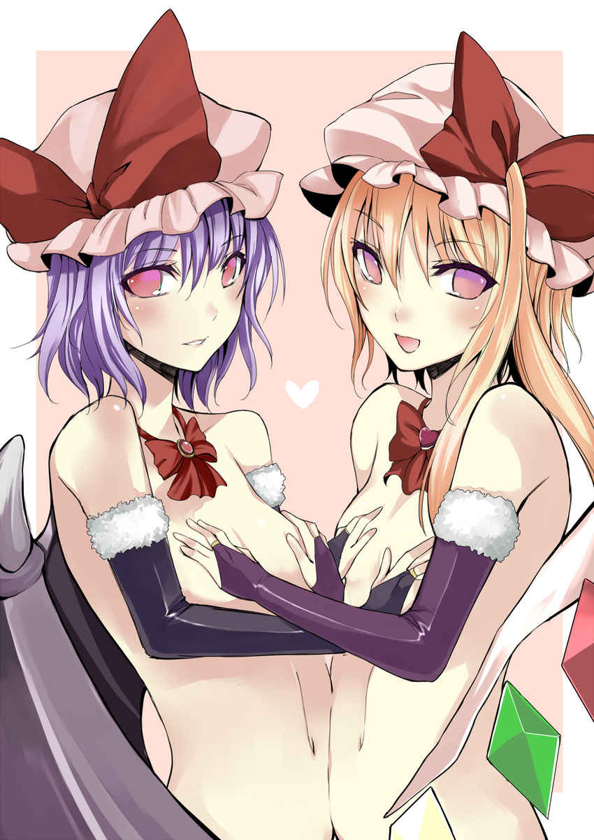 atoshi blonde_hair bow bowtie bridal_gauntlets covering covering_breasts flandre_scarlet flat_chest hands_on_another's_chest hat highres lavender_hair looking_at_viewer multiple_girls navel no_pupils nude red_eyes remilia_scarlet short_hair siblings side_ponytail simple_background sisters touhou upper_body wings