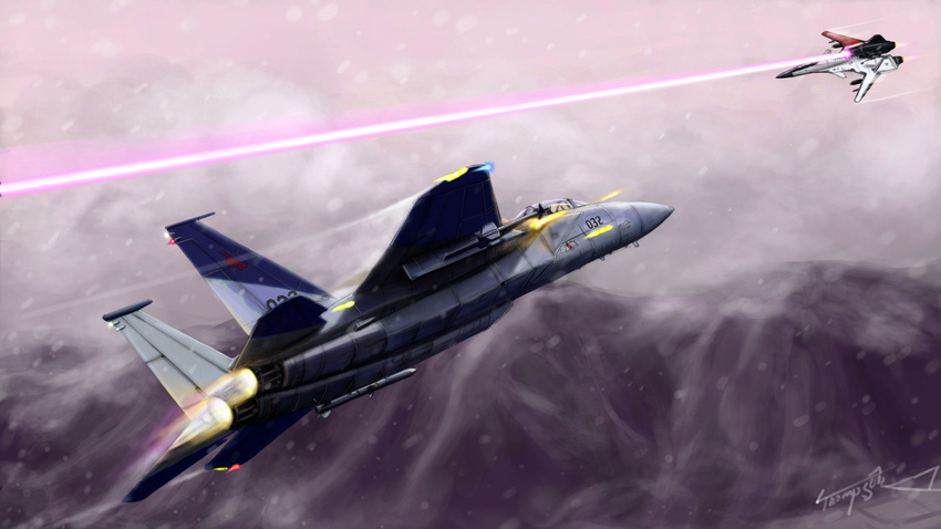 ace_combat_zero adfx-02_morgan aerial_battle afterburner aim-9_sidewinder aircraft airplane battle beam cipher_(ace_combat) cloud cloudy_sky condensation_trail dogfight f-15_eagle fighter_jet firing flying highres jet larry_foulke laser military military_vehicle missile mountain no_humans signature sky snowing spoilers thompson