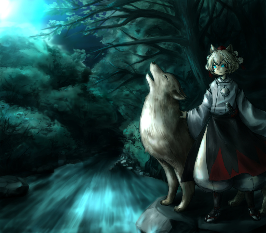 animal_ears blue_eyes forest hat highres inubashiri_momiji nature night pants river short_hair siroooo solo standing tokin_hat touhou water white_hair wolf wolf_ears