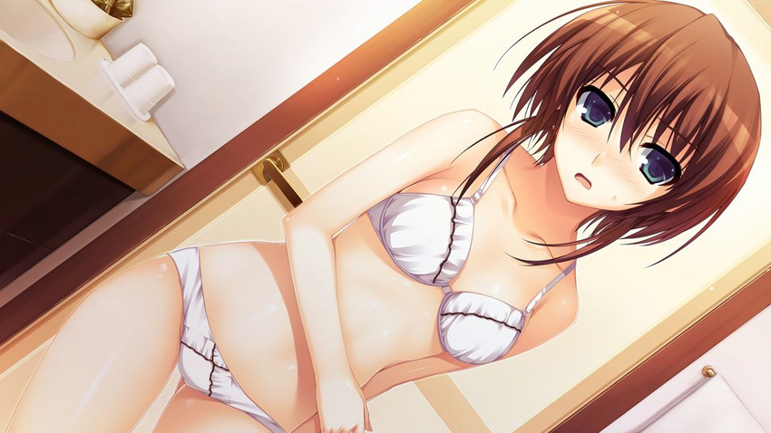 blue_eyes blush bra brown_hair dutch_angle game_cg koi_de_wa_naku lingerie makishima_yumi open_mouth panties solo tomose_shunsaku underwear underwear_only