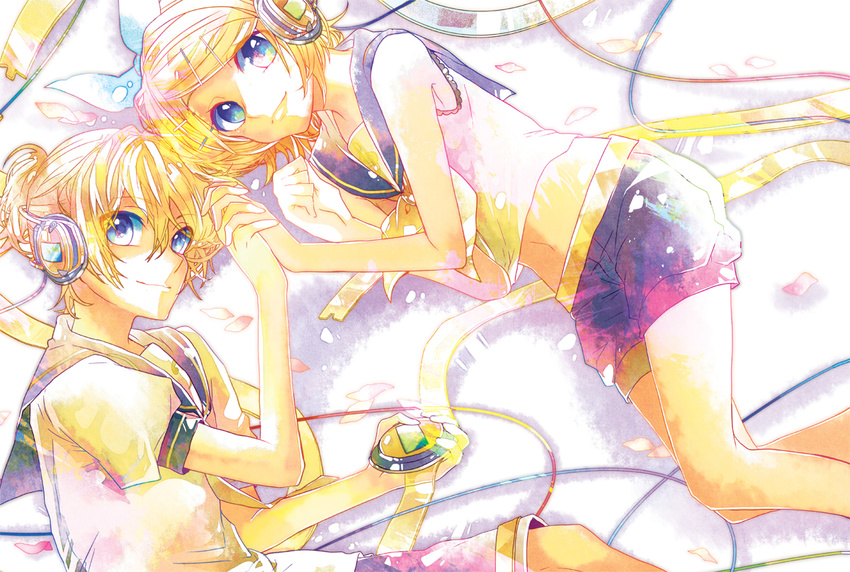 1girl blonde_hair blue_eyes brother_and_sister from_above hair_ornament hair_ribbon hairclip headphones kagamine_len kagamine_rin lying navel on_side ribbon short_hair siblings smile twins ui_(rot) vocaloid
