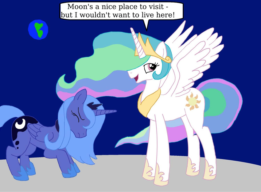 duo earth equine female feral friendship_is_magic horn mammal moon my_little_pony pegacorn princess_celestia_(mlp) princess_luna_(mlp) sibling sisters space t_brony trollestia winged_unicorn wings