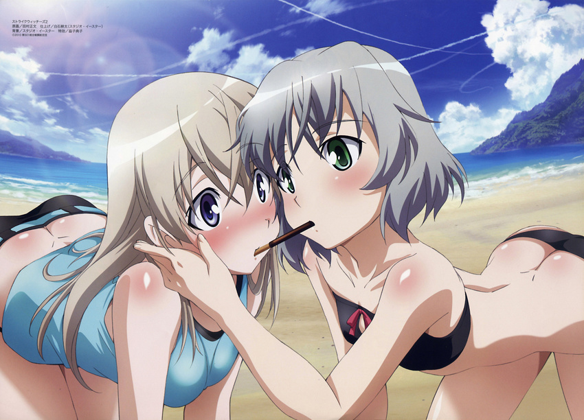 absurdres all_fours ass back bandeau bare_shoulders beach bent_over bikini blue_eyes blush bob_cut body_blush butt_crack chin_grab cloud couple day eila_ilmatar_juutilainen eye_contact flat_chest food green_eyes grey_hair highres lens_flare long_hair looking_at_another lowleg lowleg_bikini megami mouth_hold multiple_girls ocean official_art outdoors pocky pocky_kiss sanya_v_litvyak scan scan_artifacts shared_food short_hair silver_hair sky strike_witches swimsuit tamura_masafumi tankini water world_witches_series yuri