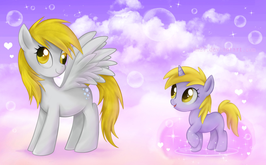 &hearts; amber_eyes annoying_watermark blonde_hair bubble bubbles cloud cub cutie_mark derpy_hooves_(mlp) dinky_hooves_(mlp) equine female feral friendship_is_magic hair horn mammal mn27 my_little_pony pegasus pink_background plain_background sparkle sparkles unicorn watermark wings yellow_eyes young