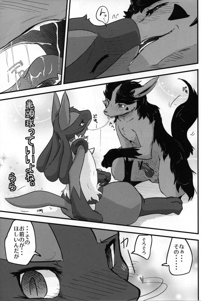 canine comic gay greyscale hyena japanese_text kissing knot lucario male mammal mightyena monochrome nintendo penis pok&#233;mon pok&eacute;mon saliva sex text translation_request unknown_artist video_games
