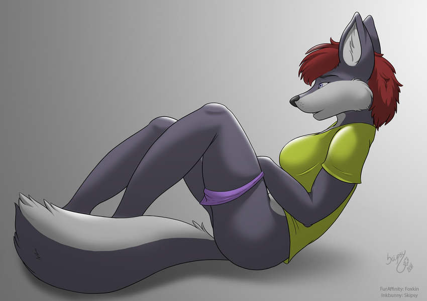 arms bent_arms bent_legs blue_eyes bottomless breasts butt canine clothed clothing ear_tuft female fur fur_tuft gradient_background grey grey_fur hair half-dressed legs mammal muzzle panties partially_clothed plain_background pointy_ears red_hair shadow shirt signature skimpy skipsy snout solo tail tuft underwear undressing white wolf