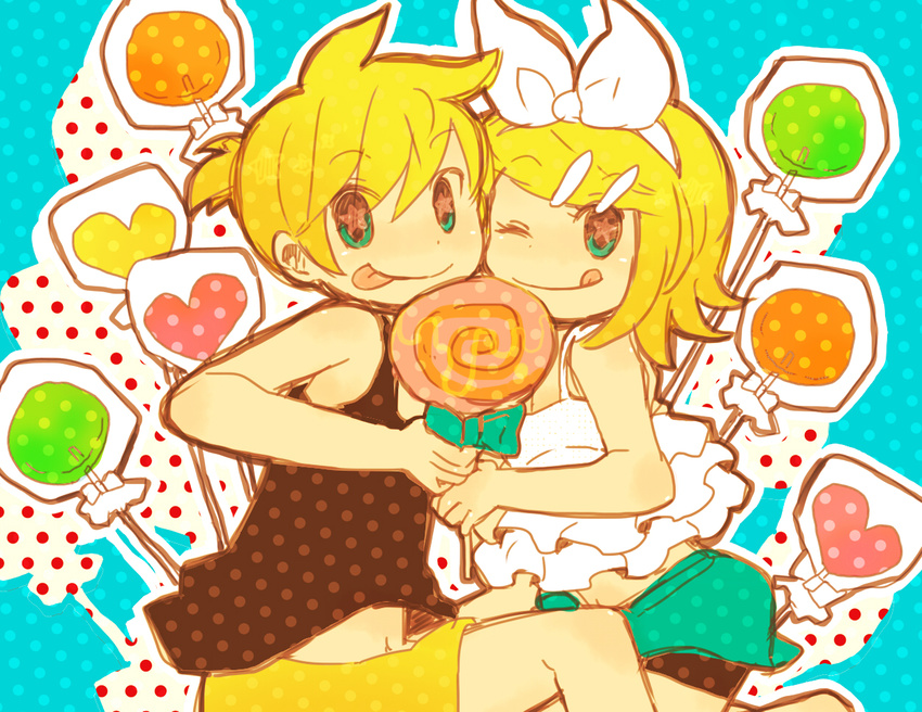 1boy 1girl 7:24 7:24_(inukaiyou) :d :p alternate_costume belly bike_shorts blonde_hair bow boy boy_and_girl camisole candy chemise dotted female fringe girl green_eyes hair_bow hair_ornament hairpin heart kagamine_len kagamine_rin lollipop male navel no_sleeves open_mouth polka_dot polka_dot_background ponytail shirt short_hair shorts skirt sleeveless sleeveless_shirt smile star star-shaped_pupils symbol-shaped_pupils tank_top tongue tongue_out vocaloid wink