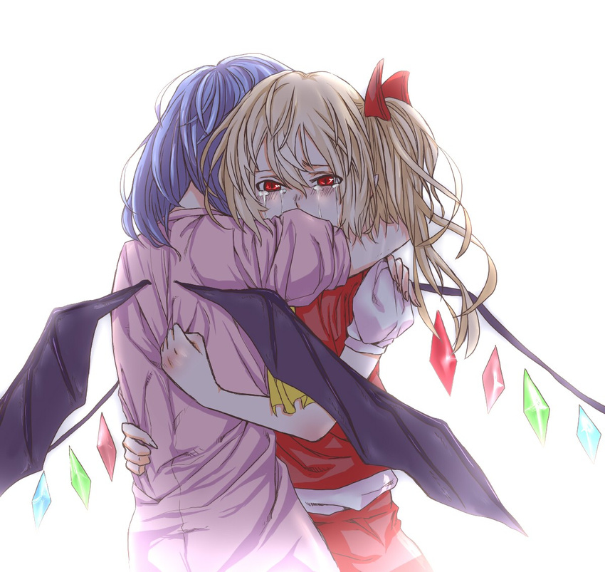 backlighting bat_wings blonde_hair blue_hair blush bow covered_mouth cowboy_shot crying crying_with_eyes_open fingernails flandre_scarlet from_behind hair_bow hug lavender_dress looking_at_viewer multiple_girls puffy_short_sleeves puffy_sleeves r-a-d-w-i-m-p-s red_eyes red_skirt red_vest remilia_scarlet shirt_grab short_hair short_sleeves siblings side_ponytail silver_hair simple_background sisters skirt tears touhou vest white_background wings