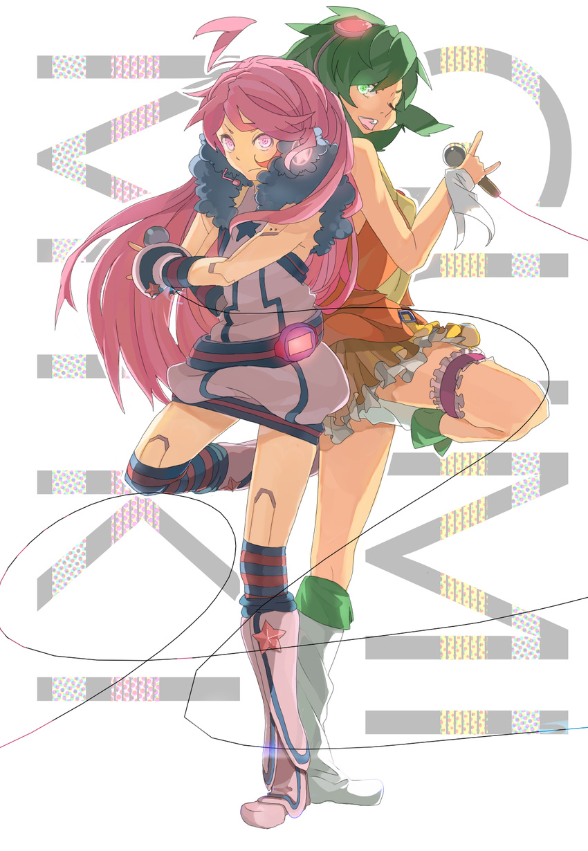 \m/ ahoge android back-to-back bad_id bad_pixiv_id boots goggles goggles_on_head green_eyes green_hair gumi headset highres hossi kneehighs long_hair microphone multiple_girls one_eye_closed pink_eyes pink_hair robot_joints sf-a2_miki short_hair skirt smile socks striped striped_legwear thighhighs vocaloid wrist_cuffs