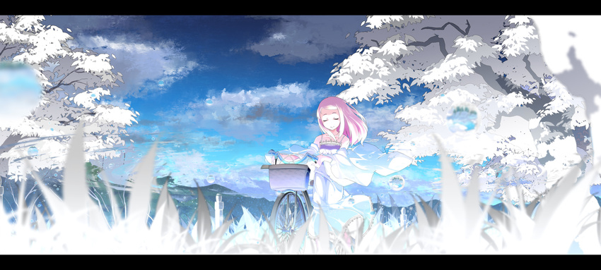 asakura_masatoki bicycle bicycle_basket blonde_hair blue_sky bubble closed_eyes detached_sleeves dress grass ground_vehicle highres hill letterboxed light_smile original outdoors pink_hair sky solo spaghetti_strap standing tree white white_dress widescreen