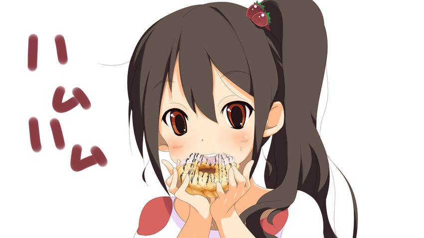 alternate_hairstyle black_hair brown_eyes doughnut eating food food_themed_hair_ornament fruit hair_bobbles hair_ornament k-on! listen!! long_hair nakano_azusa polka_dot side_ponytail solo sora_to_umi strawberry strawberry_hair_ornament twintails