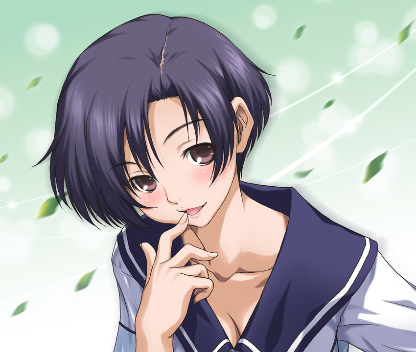 black_hair blush brown_eyes collarbone highres joy_ride kobayakawa_rinko leaf lipstick love_plus makeup naughty_face school_uniform serafuku short_hair smile solo wind