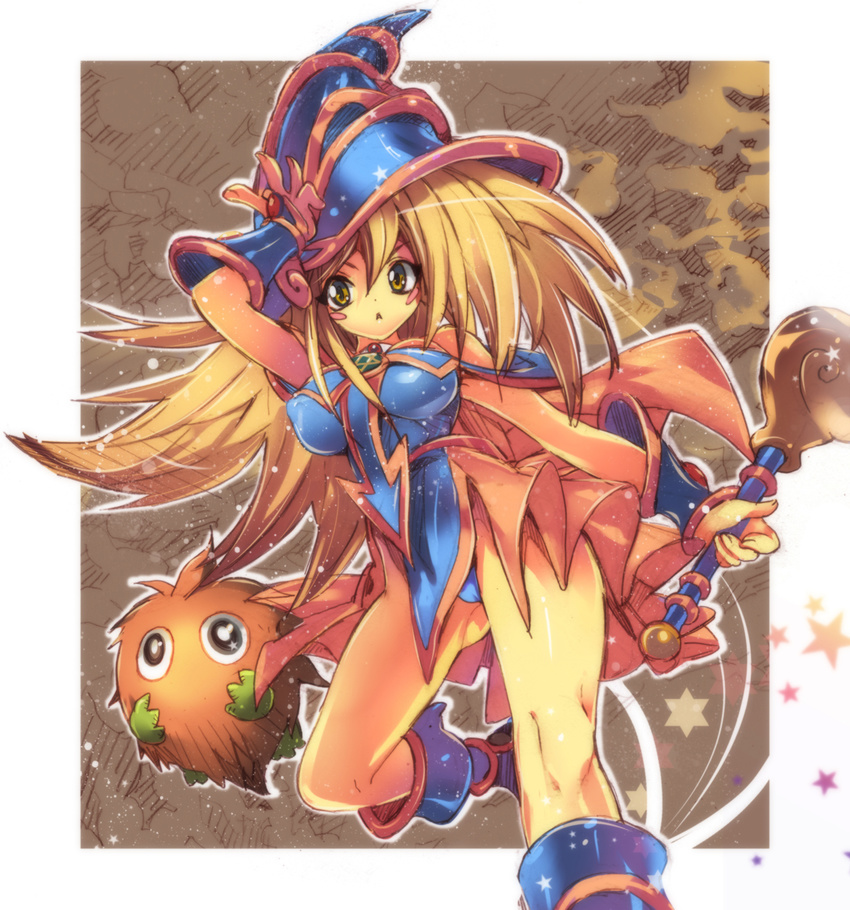 :&lt; adjusting_clothes adjusting_hat artist_request blonde_hair blush_stickers breasts dark_magician_girl duel_monster hat highres kuriboh large_breasts legs long_hair pentacle wand yuu-gi-ou yuu-gi-ou_duel_monsters