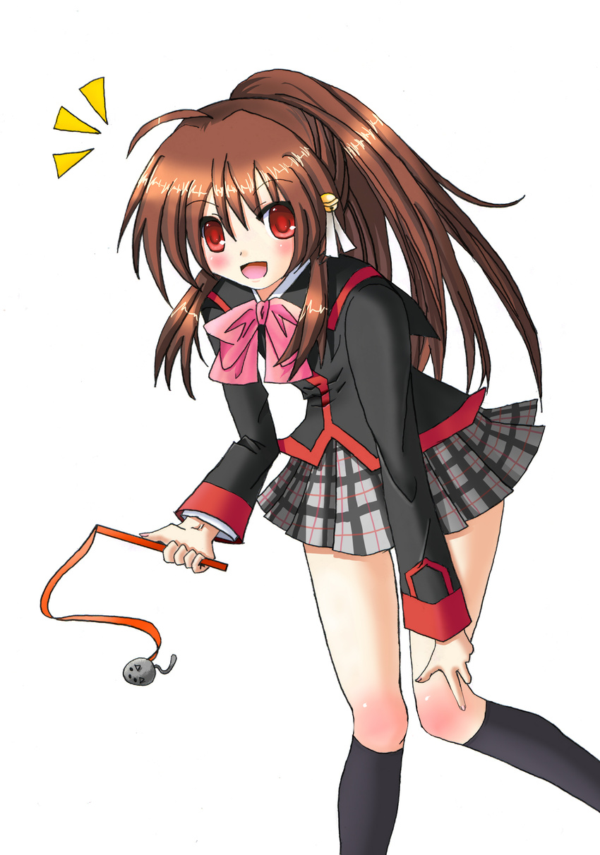 absurdres bad_id bad_pixiv_id bell bow brown_hair hair_bell hair_ornament highres little_busters! long_hair mirin_(yumi-0607) natsume_rin pink_bow plaid plaid_skirt ponytail red_eyes ribbon_baton school_uniform skirt solo