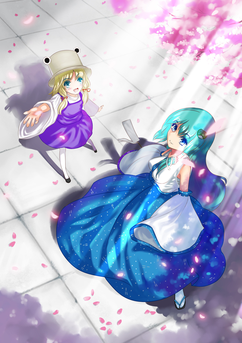 bad_id bad_pixiv_id blonde_hair blue_eyes cherry_blossoms detached_sleeves eyes frog green_hair hair_ornament hat highres kochiya_sanae long_hair moriya_suwako multiple_girls orangec petals short_hair snake thighhighs touhou