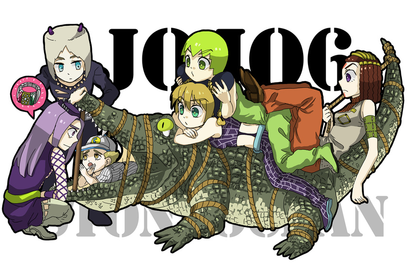 3girls alligator armband bad_id bad_pixiv_id baseball_uniform belt black_hair blonde_hair blue_eyes bound brown_hair chibi clothes_writing crocodilian double_bun eguchinashi emporio_alnino ermes_costello everyone fishnets foo_fighters green_eyes green_hair hairlocs hat horns jewelry jojo_no_kimyou_na_bouken kuujou_jolyne long_hair multicolored_hair multiple_boys multiple_girls narciso_anasui purple_eyes purple_hair ring rope short_hair sleeveless sportswear stone_ocean teardrop tied_up two-tone_hair weather_report yellow_eyes