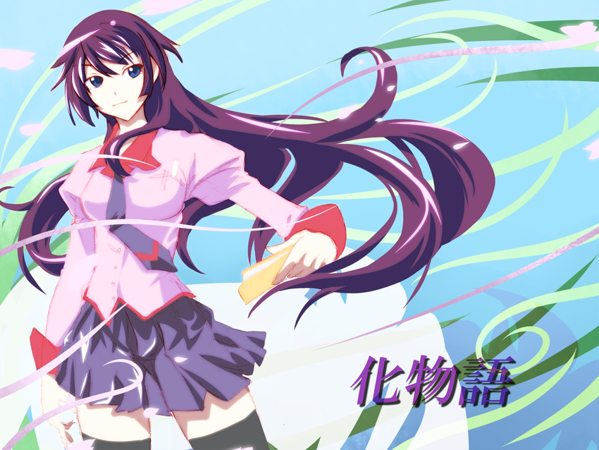 bakemonogatari black_legwear blue_eyes breasts highres long_hair medium_breasts monogatari_(series) petals pleated_skirt purple_hair school_uniform senjougahara_hitagi skirt solo stapler tatami_(loop) thighhighs zettai_ryouiki