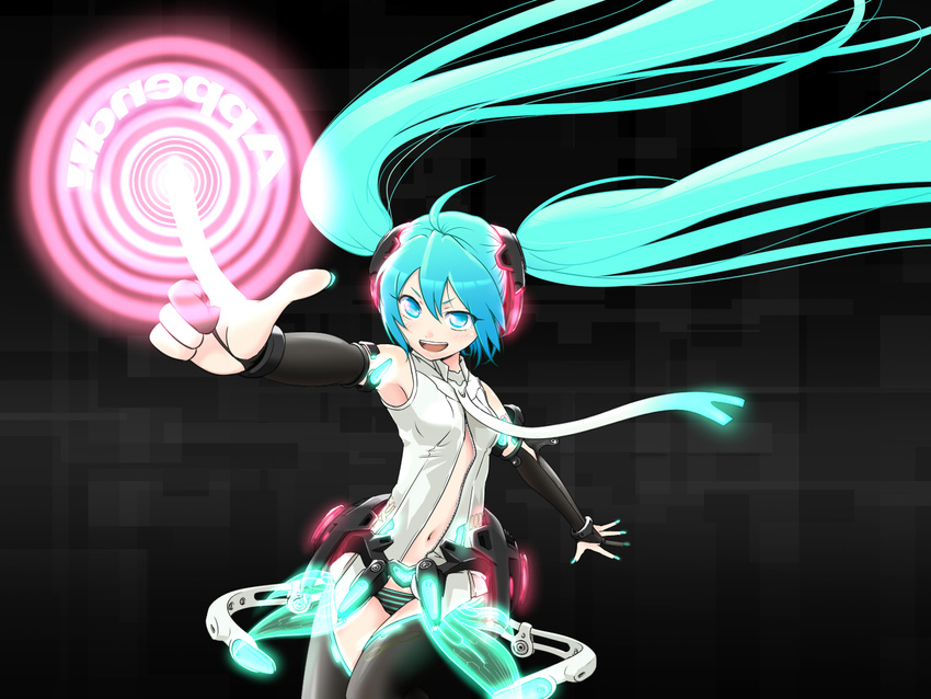 ahoge bad_id bad_pixiv_id blue_eyes blue_hair bridal_gauntlets glowing hatsune_miku hatsune_miku_(append) kuinji_51go long_hair navel necktie panties pointing solo spring_onion striped striped_panties twintails underwear unzipped very_long_hair vocaloid vocaloid_append