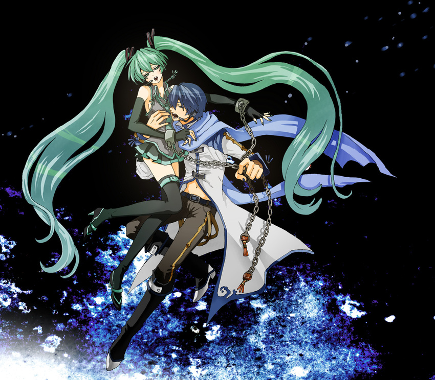 1girl aqua_eyes aqua_hair bad_id bad_pixiv_id blue_hair blue_scarf chain cuffs elbow_gloves fingerless_gloves gloves handcuffs hatsune_miku high_heels irono_(irtyu) kaito legs long_hair necktie scarf shoes skirt thighhighs twintails very_long_hair vocaloid zettai_ryouiki