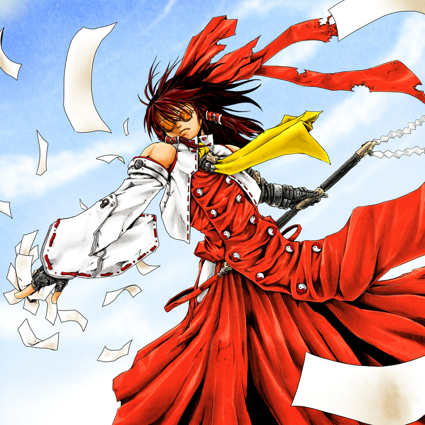 bow brown_hair cloud color_connection cosplay day detached_sleeves dutch_angle fingerless_gloves fusion gloves gohei hair_bow hakurei_reimu highres ledjoker07 long_hair parody sky solo sunglasses touhou trigun vash_the_stampede vash_the_stampede_(cosplay) yin_yang