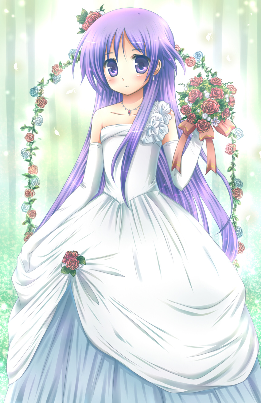 :3 bad_id bad_pixiv_id blush bride crossdressing dress flower happiness! highres kouta. long_hair male_focus otoko_no_ko purple_hair solo watarase_jun wedding_dress