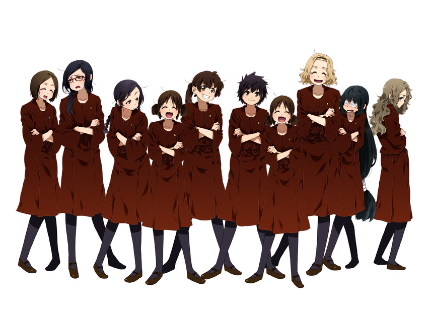 @_@ black_hair blonde_hair brown_hair closed_eyes coke-bottle_glasses commentary_request copyright_request crossed_arms fang glasses grin hairband highres long_hair multiple_girls pantyhose ponytail school_uniform short_hair siblings smile takanashi_ringo tall twins