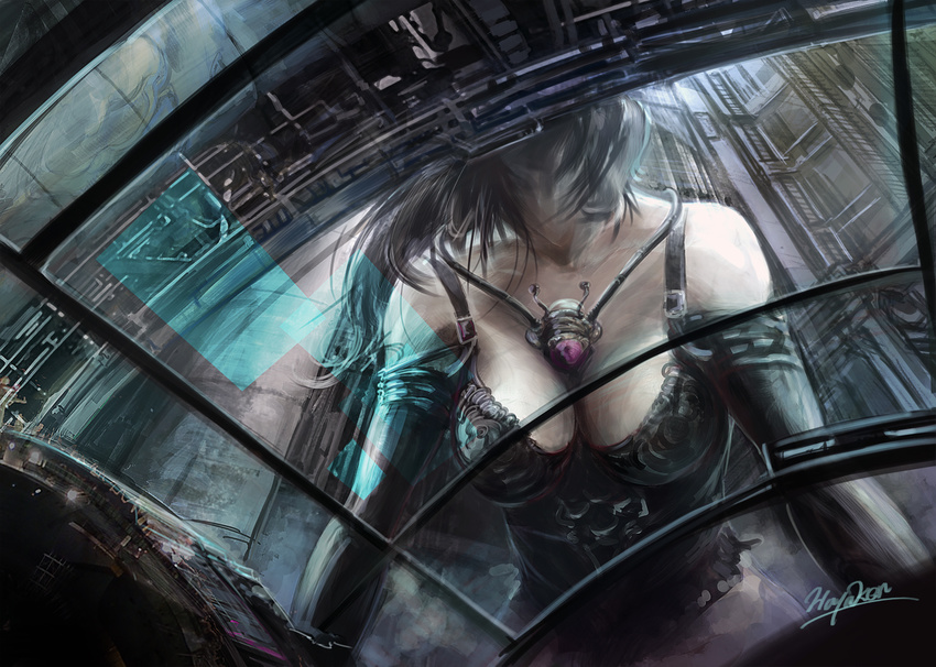 bad_id bad_pixiv_id breasts brown_hair city cleavage elbow_gloves giantess gloves hayaken large_breasts long_hair original science_fiction solo