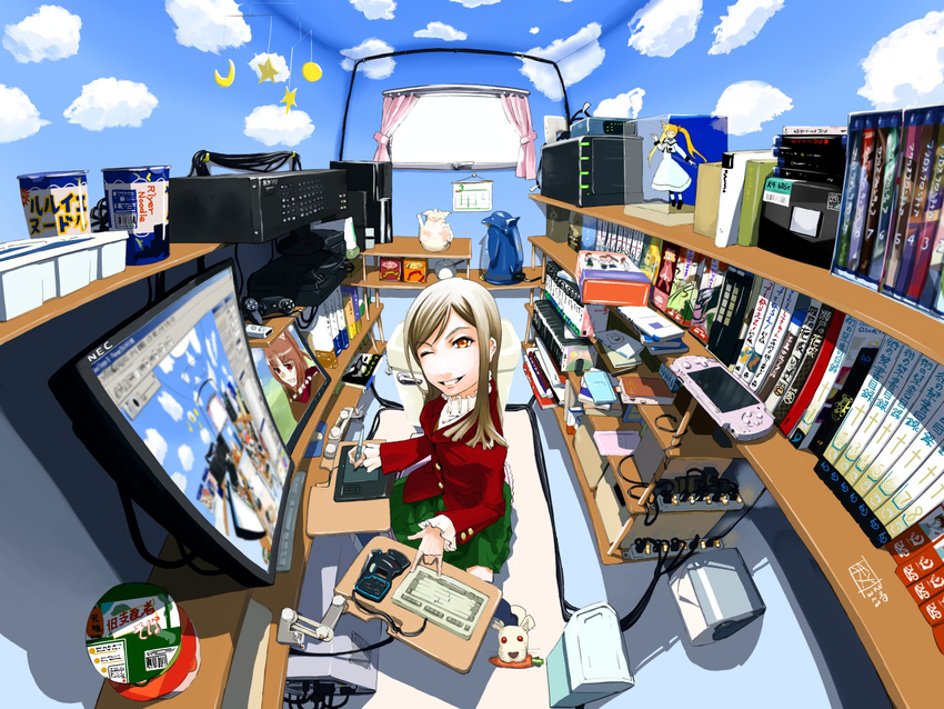 amd bird blonde_hair blu-ray book bookshelf cable calendar_(object) chitose_shuusui cloud computer cup_ramen curtains desk drawing drawing_tablet dvd_(object) fate_testarossa figure fisheye game_console handheld_game_console hina_ichigo holo kettle laptop lyrical_nanoha macross macross_frontier mahou_shoujo_lyrical_nanoha manga_(object) mobile nintendo_ds one_eye_closed orange_eyes otaku otaku_room penguin playstation_2 playstation_3 playstation_portable recursion room rozen_maiden school_uniform sega sega_mega_drive seishou_elementary_school_uniform slippers solo spice_and_wolf stereo television to_aru_majutsu_no_index toilet toilet_paper trash_can video_game wacom wii window