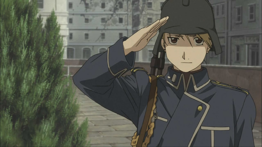 1girl blonde_hair brown_eyes building buildings earring earrings female fullmetal_alchemist gun hat helmet jacket jewelry military military_uniform rifle riza_hawkeye ruins salute solo uniform weapon