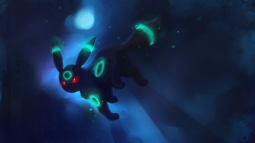 1280x720 ambiguous_gender apofiss bioluminescence black black_fur dark eeveelution fur glowing jumping looking_at_viewer nintendo pok&#233;mon pok&eacute;mon red_eyes shiny_pok&#233;mon solo umbreon video_games wallpaper widescreen