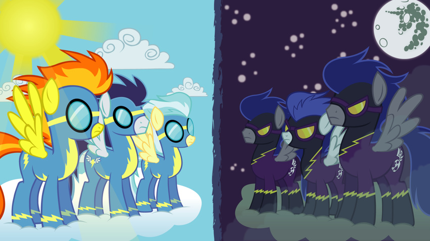 2011 bodysuit capt-nemo cloud clouds equine eyewear female feral friendship_is_magic goggles group horse male mammal mare_in_the_moon misty_(mlp) moon my_little_pony pegasus pony shadowbolts_(mlp) skinsuit soarin_(mlp) spitfire_(mlp) stars sun wallpaper widescreen wings wonderbolts_(mlp)