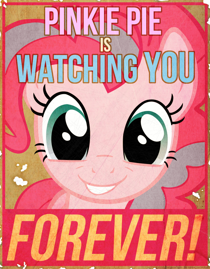 big_brother blue_eyes breaking_the_fourth_wall crossover english_text equine fallout fallout_equestria female friendship_is_magic fur horse mammal meme my_little_pony nineteen_eighty-four pink_fur pinkie_pie_(mlp) pony poster propaganda risenlordm solo text unknown_artist