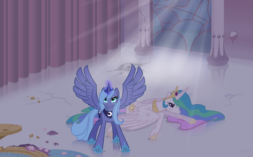 alicorn cutie_mark defending duo equine female feral friendship_is_magic heroic horn horse mammal my_little_pony nyerpy pony princess princess_celestia_(mlp) princess_luna_(mlp) protective royalty sibling sisters winged_unicorn wings wounded