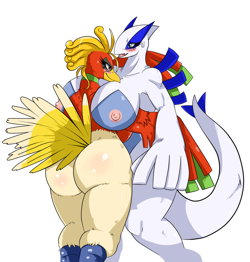 anthro avian beak beautifully_obese big_breasts big_nipples bird blonde_hair blue blue_belly blue_eyes blue_markings blush breasts butt chubby couple duo fat feathers female green green_markings hair ho-oh hug huge_breasts legendary_pok&#233;mon lesbian lugia markings nintendo nipples nude obese open_mouth overweight pok&#233;mon pok&#233;morph pok&eacute;mon pok&eacute;morph red red_eyes sssonic2 standing tail thighs video_games white white_body wings yellow
