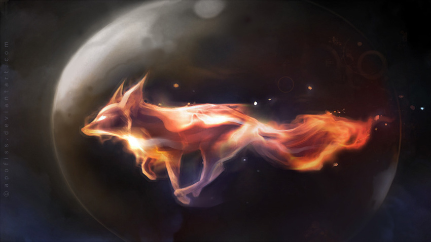 1280x720 apofiss canine fire flaming flying fox mammal planet running solo space wallpaper widescreen