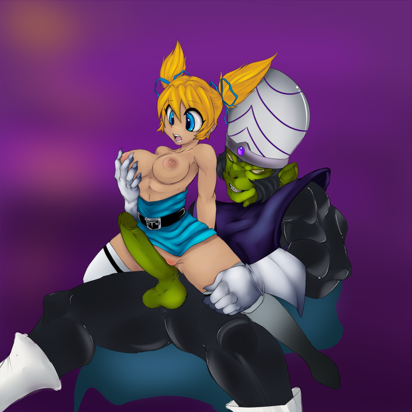 angelbreed anthro balls belt big_breasts black black_hair blonde_hair blue_eyes boots breasts bubbles_(character) bubbles_(powerpuff_girls) duo erection female forced gloves green green_body green_penis hair hat human human_on_anthro interspecies male mammal mojo_jojo monkey muscles nipples nude open_mouth penis pigtails powerpuff_girls primate pussy rape red_eyes teeth thighs topless