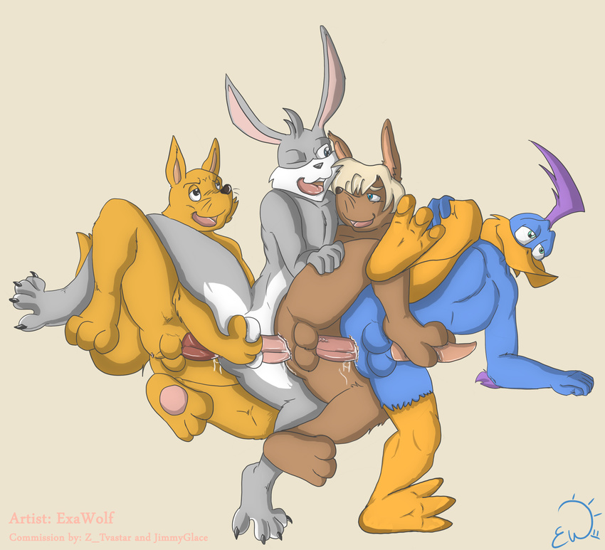 anal anthro avian balls beak bird exawolf foursome gaon_(kaiketsu_zorori) gay group group_sex interspecies kaiketsu_zorori lagomorph loonatics_unleashed male mammal mantrain penis plain_background rabbit rev_runner sex train train_position warner_brothers white_background zorori