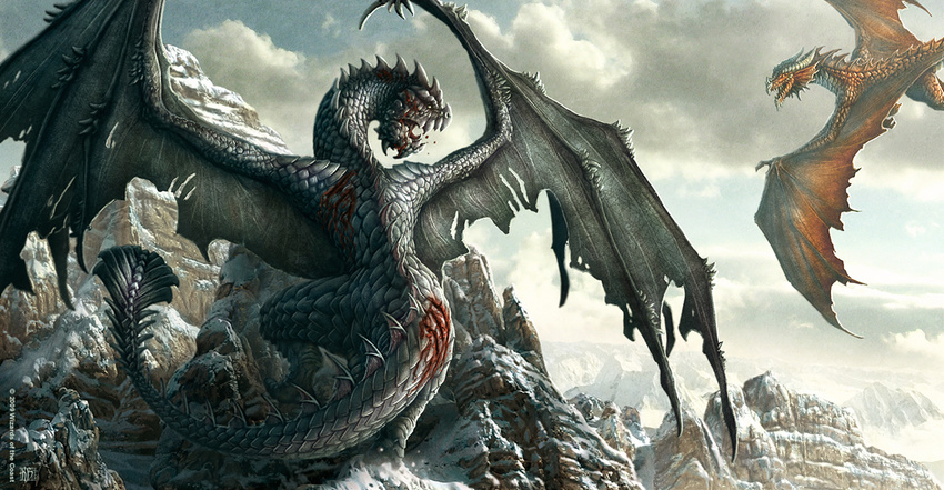 blood claws cloud clouds detailed_background dragon duel epic eye_contact feral fight flying kerem_beyit looking_at_each_other mountain scalie scratch snow tail torn wings wounded