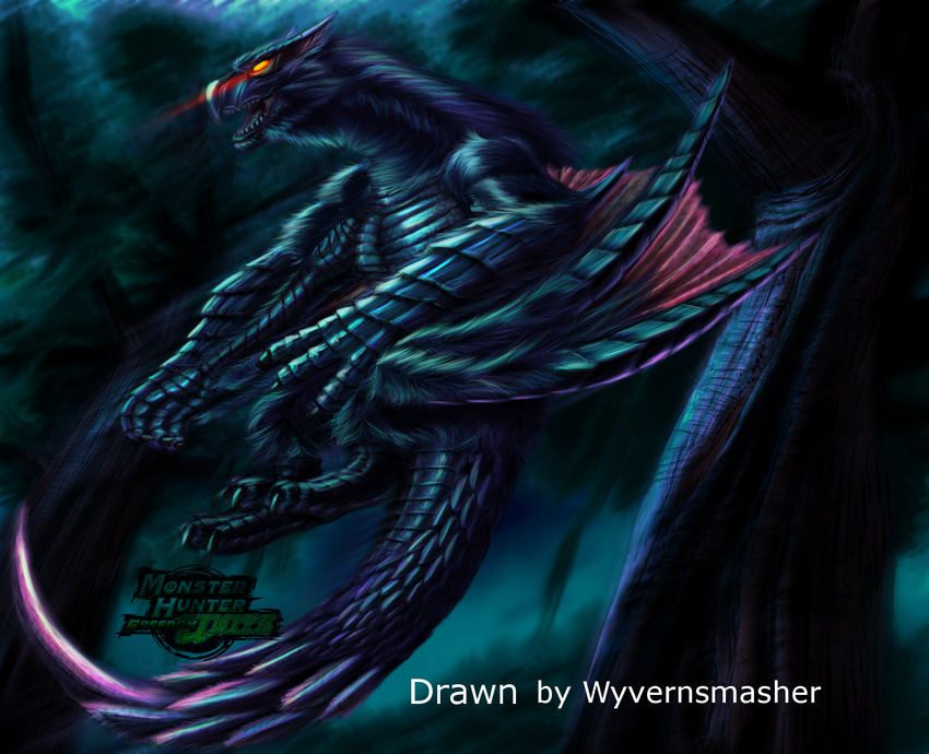 cazzooooo dragon monster_hunter nargacuga red_eyes scalie solo sto unknown_artist video_games wings wyvernsmasher