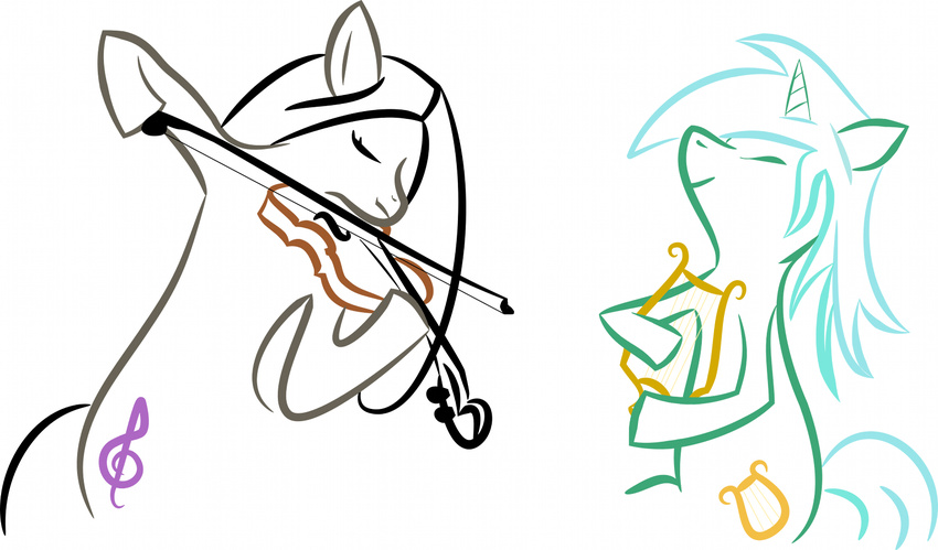 equine female feral friendship_is_magic hair harp horn horse long_hair lyra_(mlp) lyra_heartstrings_(mlp) mammal musical_instrument my_little_pony octavia_(mlp) plain_background pony short_hair unicorn unknown_artist violin white_background