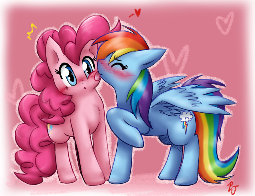 &hearts; blush equine female feral friendship_is_magic fur hair horse kissing lesbian licking mammal my_little_pony pegasus pink_fur pink_hair pinkie_pie_(mlp) platina-jolteon pony rainbow_dash_(mlp) tongue wings