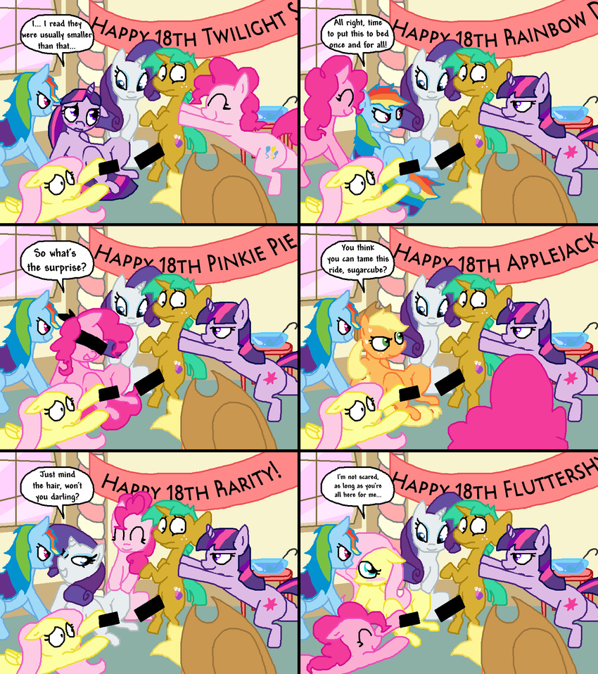 blindfold blush censored comic cub cutie_mark dialog english_text equine female feral fluttershy_(mlp) friendship_is_magic fur green_hair hair horn horse male mammal multi-colored_hair my_little_pony pegasus pink_fur pink_hair pinkie_pie_(mlp) pony purple_hair rainbow_dash_(mlp) rainbow_hair rarity_(mlp) snails_(mlp) text the_weaver twilight_sparkle_(mlp) unicorn wings young