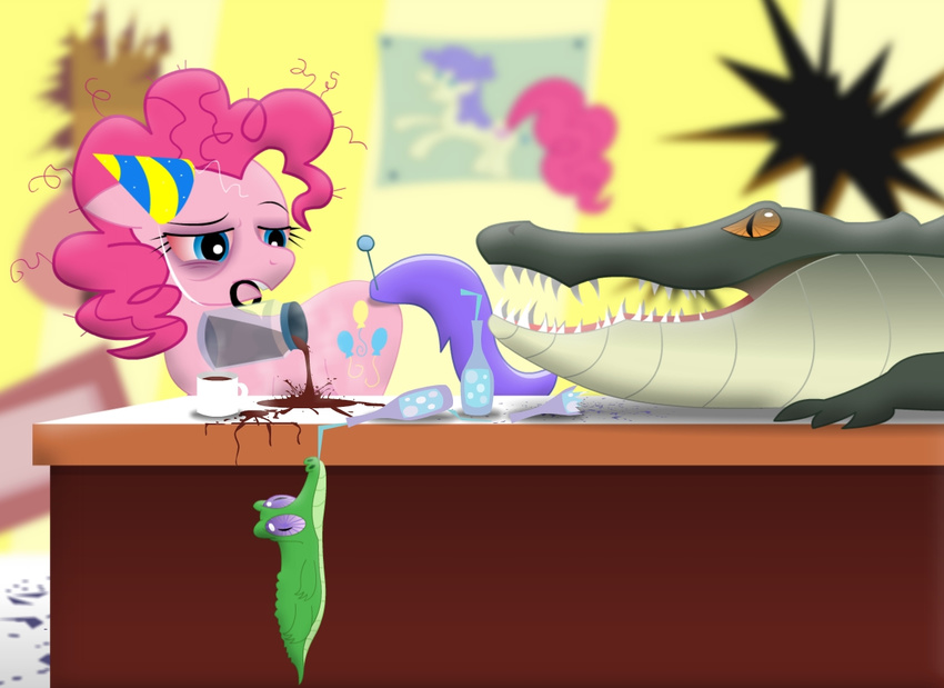 alligator blue_eyes coffee cutie_mark equine female feral friendship_is_magic fur green_body group gummy_(mlp) hair hangover horse mammal mouth_hold my_little_pony open_mouth party_hat pedro992 pink_fur pink_hair pinkie_pie_(mlp) pony reptile scalie teeth