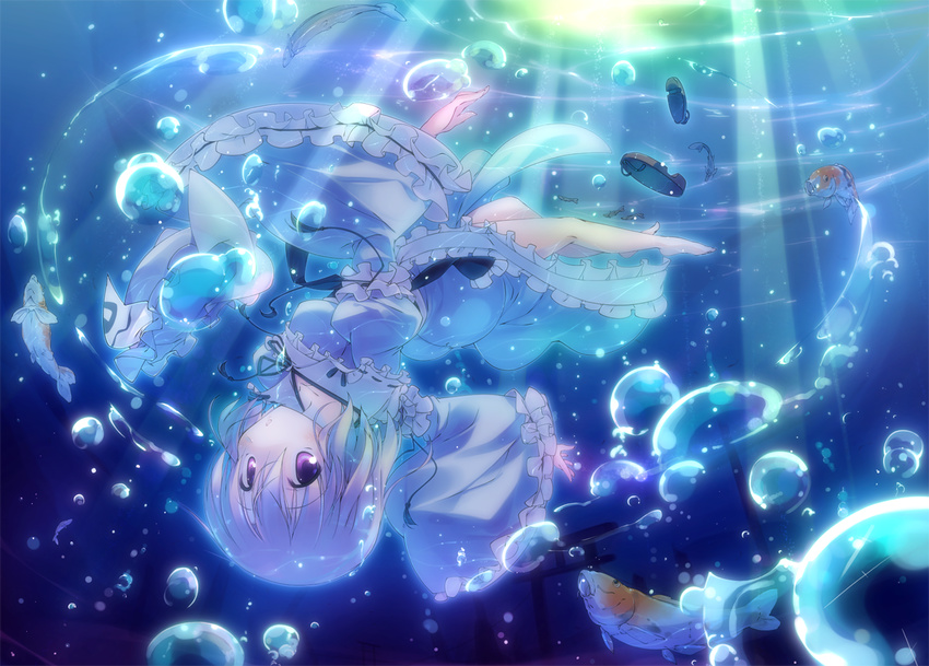 :o blue_dress bubble dress fish hat hat_removed headwear_removed japanese_clothes light_rays looking_at_viewer pink_eyes pink_hair red_eyes saigyouji_yuyuko sandals shoes_removed short_hair solo sunbeam sunlight t-ray torii touhou underwater upside-down water