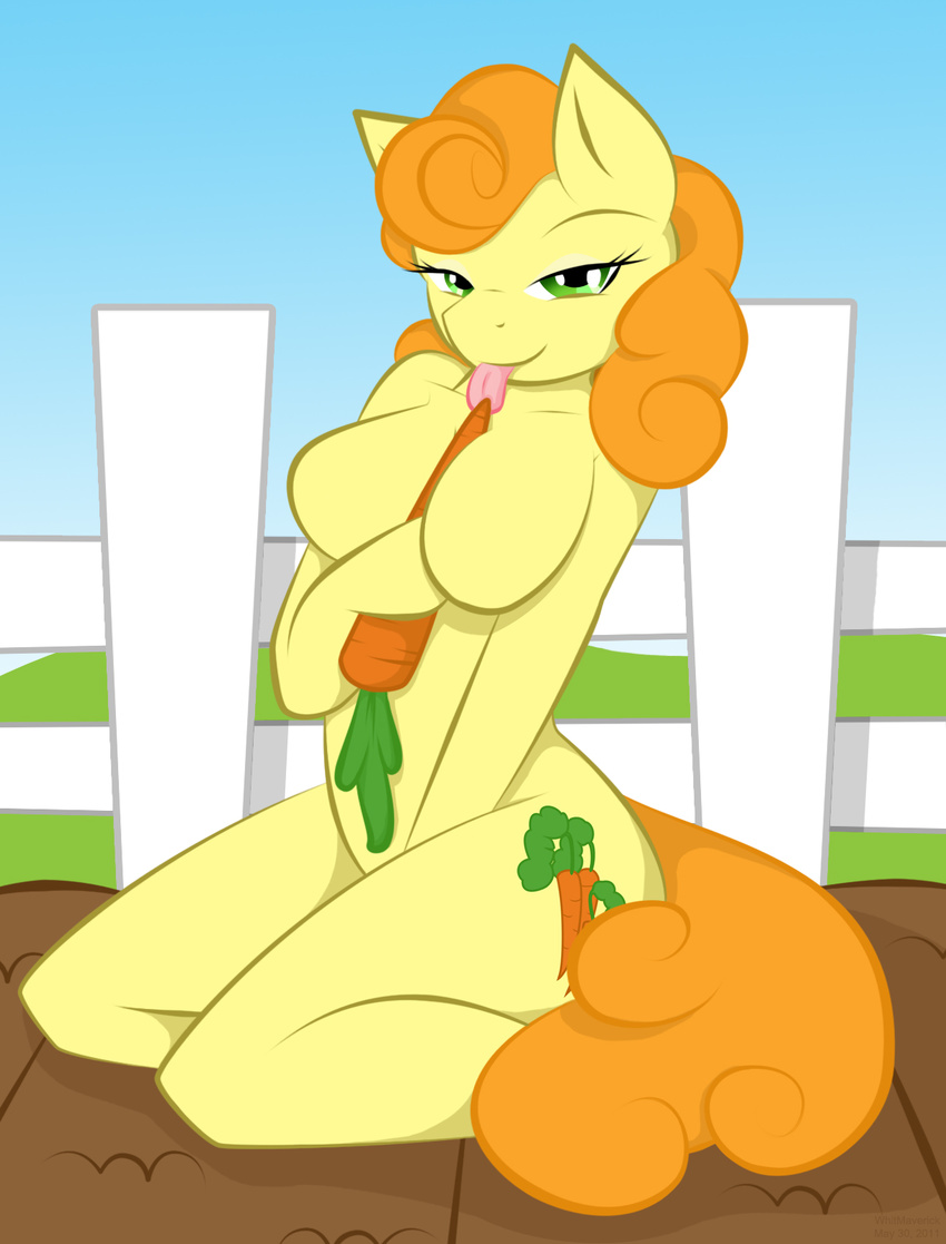 anthrofied carrot carrot_top_(mlp) cutie_mark equine female friendship_is_magic holding_breasts horse humor kneeling licking looking_at_viewer mammal my_little_pony playful pony pun solo suggestive tongue whitmaverick