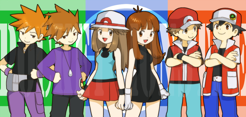 4boys alternate_costume baseball_cap black_dress black_hair blue_(pokemon) bream-tan brown_eyes brown_hair comparison dress dual_persona hat leaf multiple_boys multiple_girls ookido_green pokemon pokemon_(game) pokemon_frlg pokemon_rgby red_(pokemon) red_(pokemon_frlg) red_(pokemon_rgby) symmetrical_hand_pose symmetry wristband