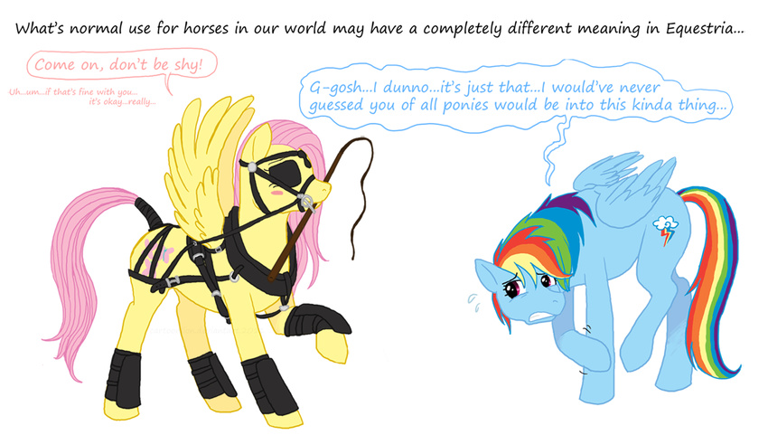 bit_gag blindfold blush bondage bound bridle cartoonlion cutie_mark dialog dominatrix english_text equine eye_contact female feral fluttershy_(mlp) friendship_is_magic gag hair horse lesbian mammal multi-colored_hair my_little_pony pegasus pink_hair plain_background pony rainbow_dash_(mlp) rainbow_hair scared tail_wrap text whip white_background wing_boner wings