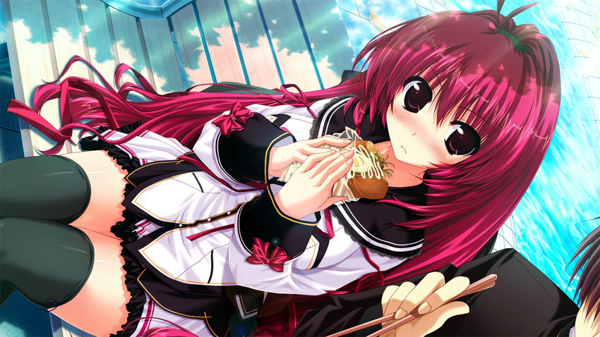 blush food game_cg kamikaze_explorer long_hair oshiki_hitoshi red_eyes red_hair seifuku thighhighs yuutenji_mishio