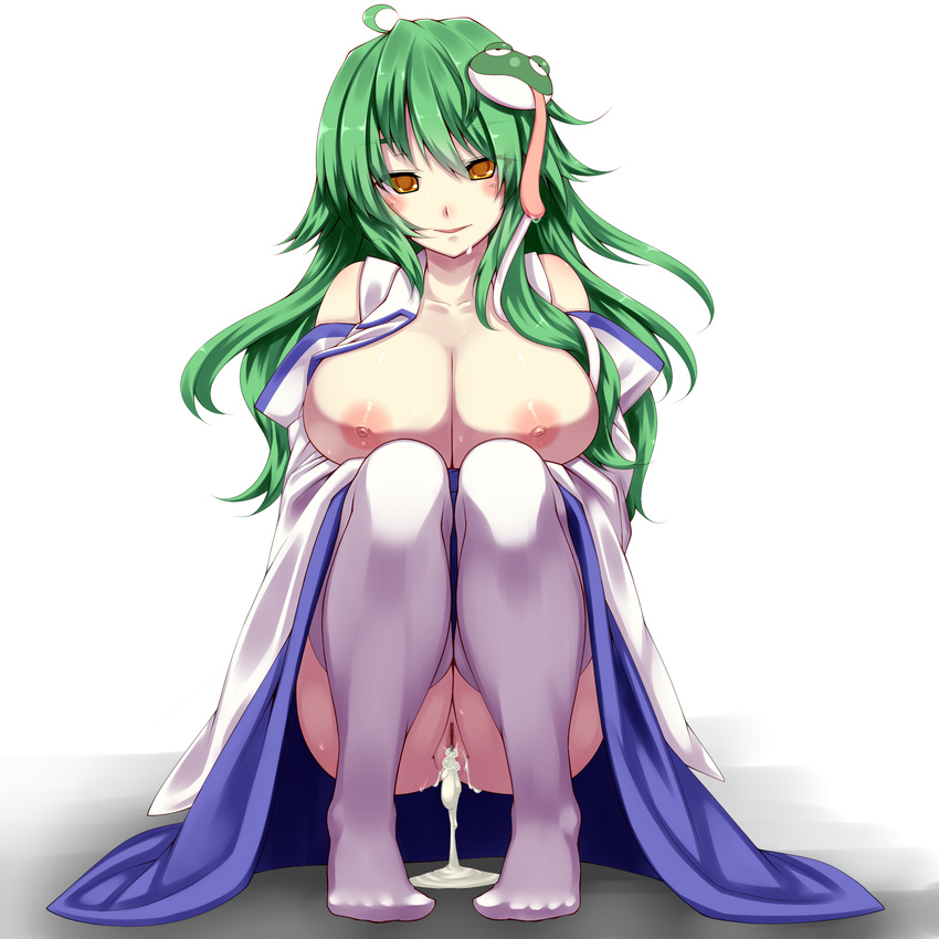 after_sex ahegao ahoge blush breasts cum cum_in_pussy cum_pool cumdrip detached_sleeves frog_hair_ornament green_hair hair_ornament highres kochiya_sanae large_breasts long_hair nipples pussy revision snake solo squatting sweat thighhighs tongue tongue_out touhou tro yellow_eyes